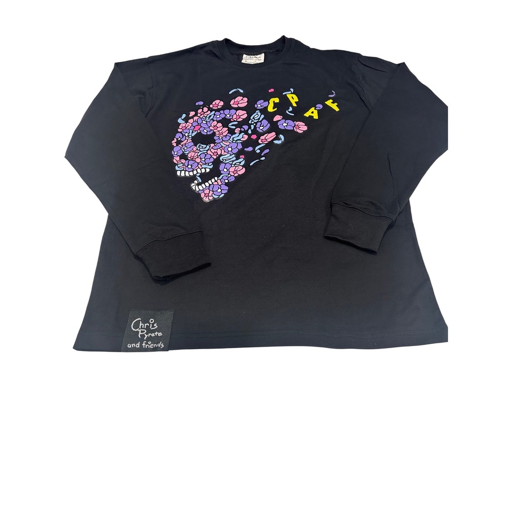 Chris Pyrate and Friends Skull Floral Long Sleeve Black T Shirt Size L (826)